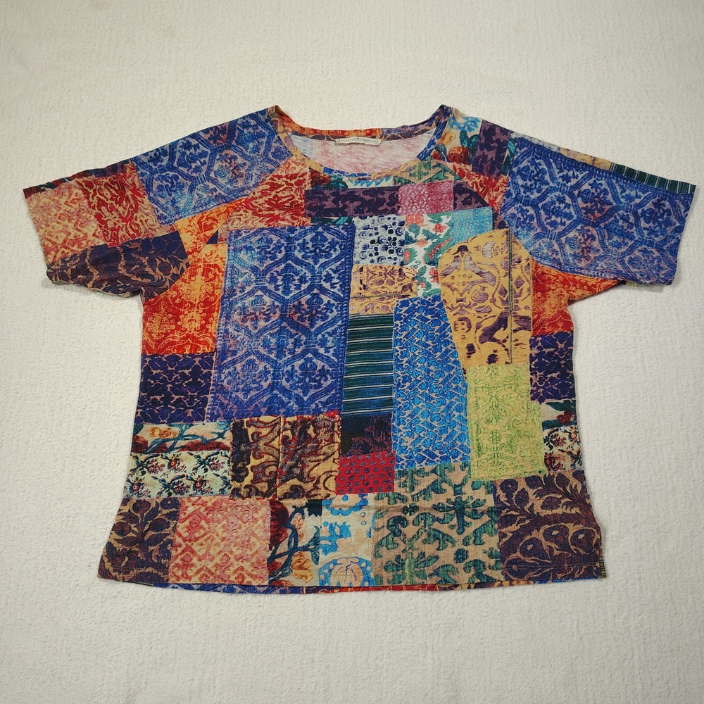 Peruvian Connection Top Womens M/L Multi Patchwork Damask Tee Shirt